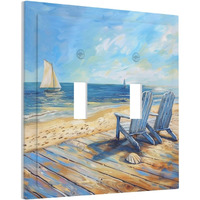 Xuejiaku Decorative Light Switch Cover Sea Beach Chair Oil Painting Ocean Sailboat 2 Gang Wall Plates Double Toggle Switch Plate Decora Electrical Outlet Cover Faceplates For Bathroom Home Decor