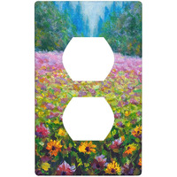 Moslion Flower Oil Painting Wall Plate Covers Violet Blooming Floral Road Field Sunflower 1-Gang Outlet Cover Switch Plug Duplex Home Decorative Office