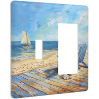 Xuejiaku Light Switch Cover Sea Beach Chair Oil Painting Ocean Sailboat 2 Gang Toggle Rocker Combo Socket Cover Wall Plates Decorative Switch Plates And Outlet Covers For Bathroom Home Decor