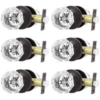 Orger 6 Pack Glass Door Knobs With Oil Rubbed Bronze Rosette, Bath/Bed Door Knobs For Privacy Use, Keyless Interior Door Handles With Diamond Shape Crystal Glass And Zinc Alloy Base