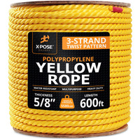 Yellow Twisted Polypropylene Rope, 5/8"" Thickness X 600' Length Heavy Duty Poly Ropes For Outdoor And Marine Use, Yellow Rope For Visibility & Safety