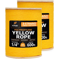 Yellow Twisted Polypropylene Rope, 1/4"" Thickness X 600' Length Heavy Duty Poly Ropes For Outdoor And Marine Use, Yellow Rope For Visibility & Safety