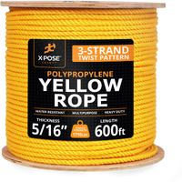Yellow Twisted Polypropylene Rope, 5/16"" Thickness X 600' Length Heavy Duty Poly Ropes For Outdoor And Marine Use, Yellow Rope For Visibility & Safety