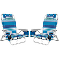 2Pk Aluminum 5-Position Lay Flat Folding Backpack Beach Chairs For Adults, With Cooler Bag, Cup&Phone Holder, Towel Bar For Outdoor Lawn Picnic Sport, Portable Foldable Camping Chairs, Blue Stripes