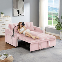 Jeeoehy 3 In 1 Convertible Sleeper Sofa Bed,Velvet Pull Out Couch Bed W Usb&Type C Port,Comfy Futon Loveseat W Adjustable Backrest&Phone Stand&Cup Holder For Living Room Apartment Small Space(Pink)