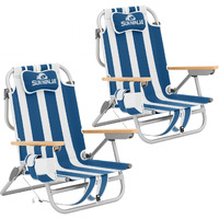 Sun Ninja Beach Chair - Folding Chair For Beach With 5 Reclining Positions, Cup & Phone Holder, Insulated Back Storage Pouch, Portable Lightweight Aluminum Frame - Navy Strips - 2Pc