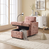 32 Inch Chaise Lounge Accent Chair With Storage , Comfy Chenille Upholstered Sleeper Chair Bed Modern Deep Seat Leisure Recliner Lounger Daybed W/ Phone Holder And Side Pockets For Living Room Office