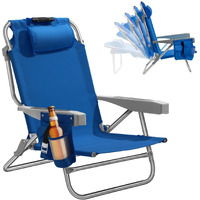 5-Position Aluminum Lay Flat Backpack Beach Chair, Compact Portable Low Beach Chairs For Adults With Cooler Pouch, Storage Pouch, Towel Bar, Cup Holder & Phone Holder, Navy