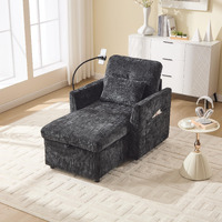 32 Inch Chaise Lounge Accent Chair With Storage , Comfy Chenille Upholstered Sleeper Chair Bed Modern Deep Seat Leisure Recliner Lounger Daybed W/ Phone Holder And Side Pockets For Living Room Office