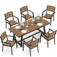 Cozyman Patio Table And Chairs Set, Patio Furniture Set, 7-Piece, Hdps All-Weather Material Outdoor Dining Set, Outdoor Furniture Set With Umbrella Hole, Brown-Oil Printed