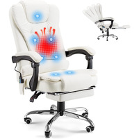 Yodolla Ergonomic Reclining Office Chair With 7 Massage Points And Heat Function, Executive Home Desk Chair W/Retractable Footrest, High Back Swivel Computer Chair, Cream White Leather