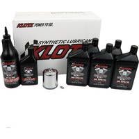 Klotz 20W/50 Synthetic Motor Oil Change Kit For Evolution Sportster 1986-2022, Primary Chain Case Lubricant, 1 Chrome Filter, 2 Cometic Drain Plug O-Rings - 5 Quart Premium Kit