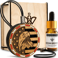 @Woodoo.Ukraine Wood Car Air Freshener - Handcrafted Air Freshener - American Flag Hanging Fragrance Oil Diffuser In Wooden Gift Box - Fathers Day Gift For Car With Ocean Breeze Fragrance Oil - 10 Ml