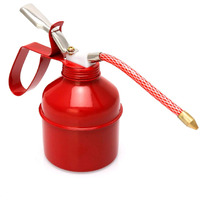Qwork Oil Can, 12 Oz (400Ml) Capacity Manual Pump Oil Can, Steel Pistol Type Oiler Can, Red, Flexible Tube