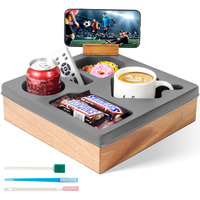 Couch Cup Holder Tray - Wooden Sofa Arm Organizer With Silicone Insert, Spill-Proof Snack & Drink Holder, Waterproof Couch Caddy For Remote, Phone & More - Bed, Car, Rv, Living Room Essentials(Gray)