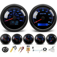 Mh 7 Boat Gauge Set - 3-3/8"" Gps Speedometer, Tachometer, 2-1/16"" Oil Pressure Gauge,Fuel Level,Water Temperature,Voltmeter,Trim Marine Meter Kit Waterproof 7 Color For Auto (Black)