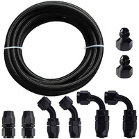 12Ft 6An Fuel Line Hose 3/8'' Stainless Steel Oil Gas Line Tube W/6Pcs Rotary Swivel Hose Ends Kit And 2Pc An-10 To An-6 Fuel Tank Adapters Kit (Black + 8Pcs)