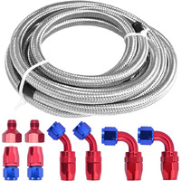 12Ft 6An Fuel Hose 3/8'' Universal Braided Oil Fuel Gas Line W/6Pcs An6 Hose Compatible For Kit And 2Pc An10 To An6 Fitting Adapters (Silver + 8Pcs)