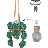 Cute Crochet Car Plant Monstera Essential Oil Diffuser Bottle - 12Ml Refillable, Green Car Accessory For Mirror Decor And Home Decor