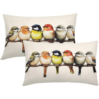 Oil Painted Birds Lumbar Pillow Covers 12X20 Inch Set Of 2 Cute Spring Summer Bird Rustic Decorative Pillow Cases Outdoor Linen Square Cushion Cover Farmhouse Decor For Bedroom Home Sofa Couch Bed