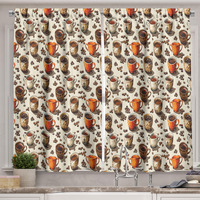 Ambesonne Brown Kitchen Curtains, Contemporary Oil Paint Print Art Of Mugs With Coffee And Roasted Beans, Window Drapes 2 Panel Set For Kitchen Cafe Decor, 55"" X 36"", Amber Brown And Beige