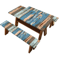 Binienty Blue Brown Wooden Picnic Table Cover With Bench Covers, Vinyl Flannel With Elastic Edges, Water-Proof Oil Easy To Store, Camping Essential Oil Proof Tablecloth Holiday Home Decor,6 Foot Table