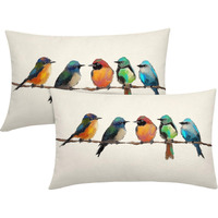 Oil Painting Bird Lumbar Lumbar Pillow Covers 12X20 Inch Set Of 2 Rustic Spring Summer Cute Bird Throw Pillow Cases Outdoor Linen Square Cushion Cover Farmhouse Decor For Bedroom Home Sofa Couch Bed