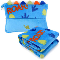 Vigorspring 3 In 1 Travel Pillow And Blanket Set For Kids,Soft Travel Blanket Airplane Campact With Bag,Pillow Blanket For Boys With A Pocket,Backpack Clip, Luggage Sleeve (Dinosaur)