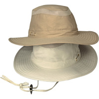 OB101 |OUTBACK- 70% Cotton/30% nylon, safari style bucket hat with UV Protective (UPF 50+) and water/stain-resistant coating, mesh vented inserts on crown for breathability, green under visor reduces glare, adjustable chin strap with pull-up fabric chin lock- KHAKI