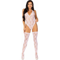 2PC.Floral lace deep-V teddy and matching stockings O/S WHITE