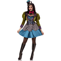 3PC.Deluxe Mad Hatter,satin coat dress,neck piece,mini clock top hat SMALL MULTICOLOR