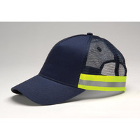 TR102 | TRUCKER REFLECTOR- Cotton twill, six panel, structured, mid-profile, high visibility contrast color taping with reflective grey center stripe along bottom side panels, mesh back, snap back- HI-VIS NAVY