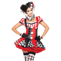 3PC.Harlequin Clown,suspender dress,ruffle neck piece,hat SMALL BLACK/RED