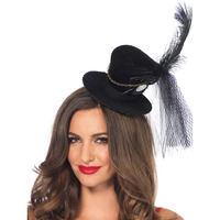 Steampunk velvet top hat with chain and feather accent O/S BLACK