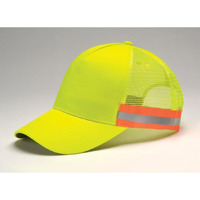 TR102 | TRUCKER REFLECTOR- Polyester, six panel, structured, mid-profile, high visibility color corwn with matching color mesh back panels and contrast color taping with reflective grey center stripe along bottom side panels and snap back- HI-VIS YELLOW