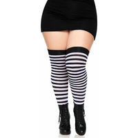 Plus Size Nylon Stocking W/ Stripe 1X-2X BLACK/WHITE