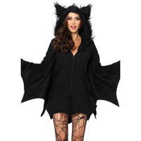 Cozy Bat dress w/bat wing sleeves and furry ear hood LARGE BLACK