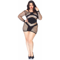 Diamond net long sleeved mini dress w/opaque panel accents PLUS SI BLACK
