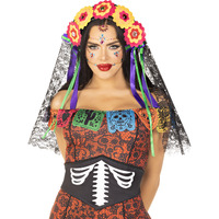 Day of the Dead flower headband with lace veil O/S MULTICOLOR