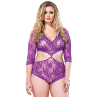 Floral lace deep-V cut out teddy with full back panty PLUS SI PURPLE