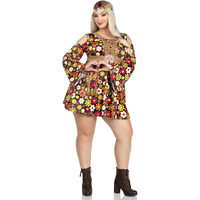 2PC.Starflower Hippie,cold shoulder floral fringe dress,flower headband 1X-2X MULTICOLOR