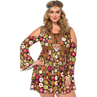 2PC.Starflower Hippie,cold shoulder floral fringe dress,flower headband 3X-4X MULTICOLOR