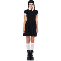 2PC.Gothic Darling,classic collared dress,braided wig w/bows SML/MED BLACK/WHITE