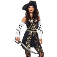 4PC.Black Sea Buccaneer,dress,sleeves w/wrap,belt,hat SMALL BLACK/GOLD
