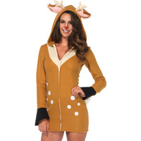 Cozy Fawn, zipper front fleece dress with ear hood and fawn tail MEDIUM BROWN/KHAKI