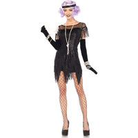 2PC.Roaring 20's Trixie,sequin dress w/zig zag fring,sequin headband LARGE BLACK