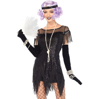 2PC.Roaring 20's Trixie,sequin dress w/zig zag fring,sequin headband SMALL BLACK