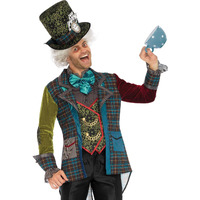 3PC.Deluxe Mad Hatter,includes multi print jacket,neck tie dickie and top hat