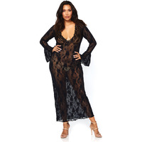 Stretch lace deep-V bell sleeve long dress