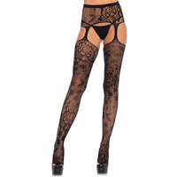 Floral lace stockings with attached high waist garterbelt